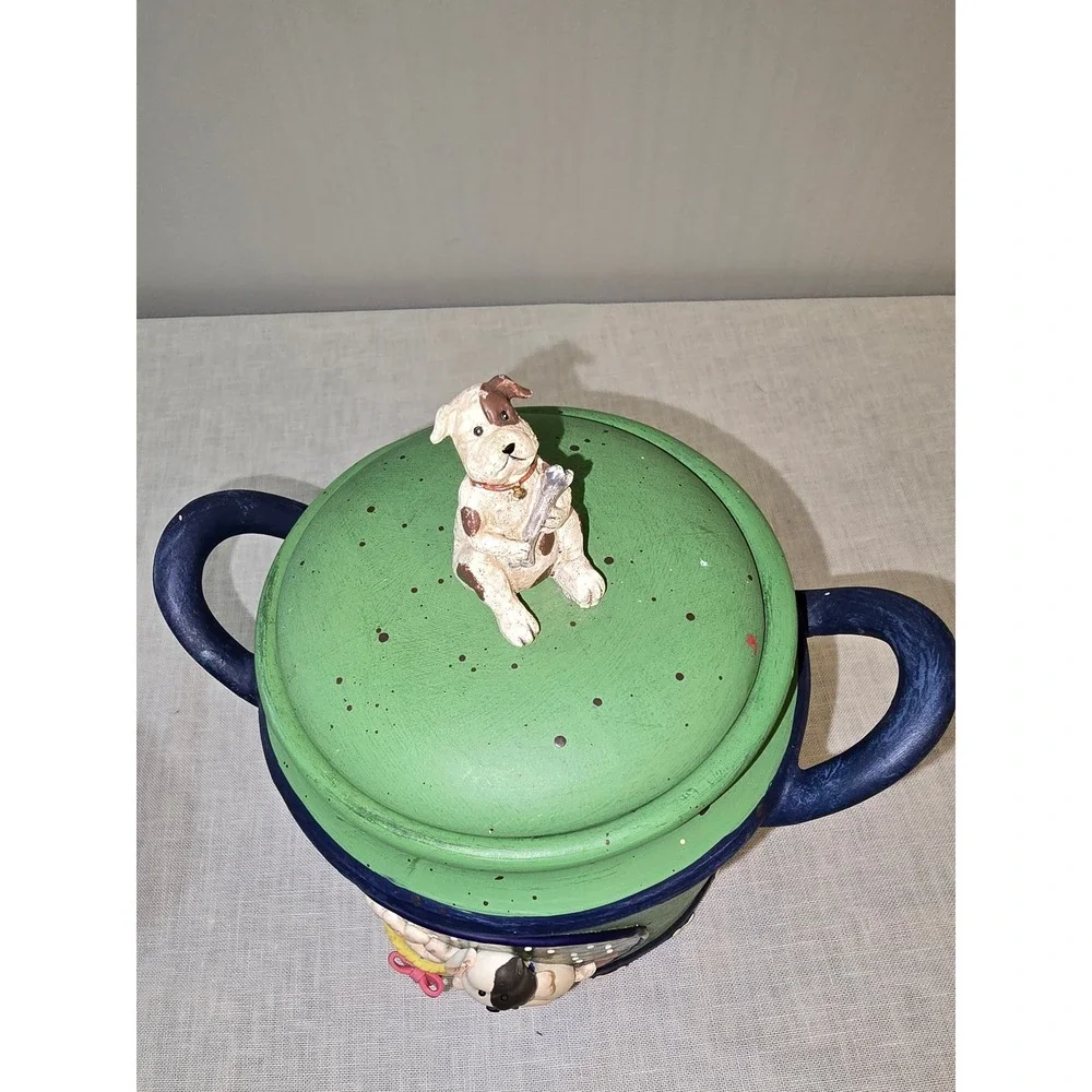 New Debco Intl Dog Treat Jar Green Blue Ceramic Puppy Figurine Lid OS SEE PHOTO